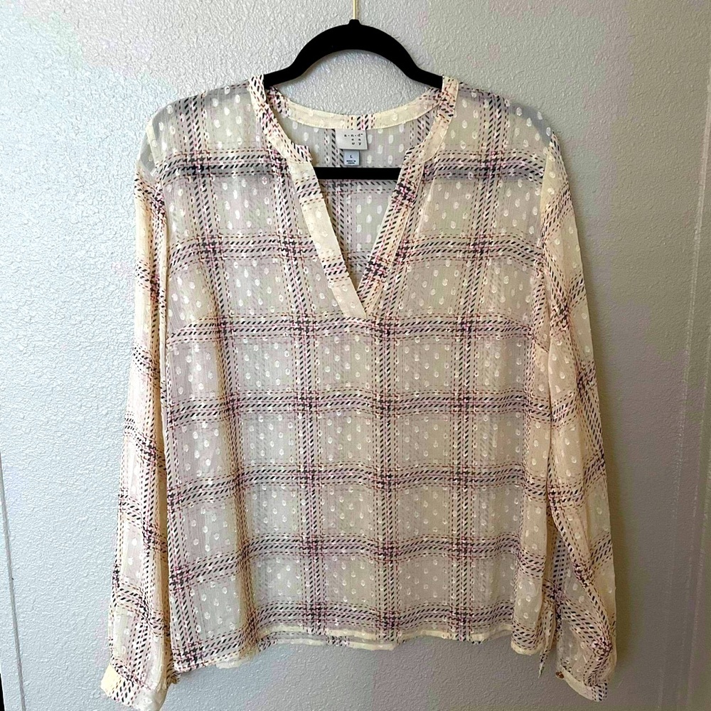 A New Day Plaid Blouse Swiss Dot Cream Pink